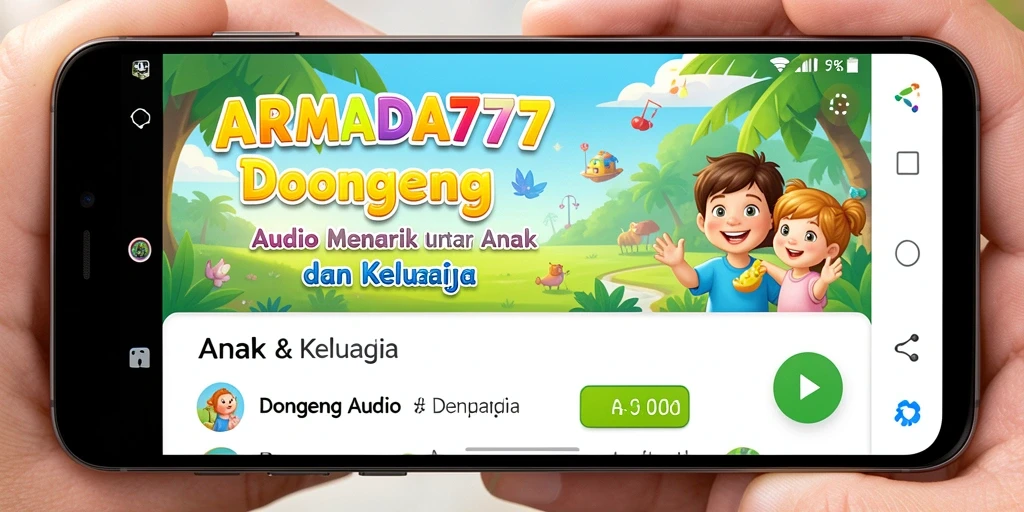 Antarmuka aplikasi ARMADA777 menampilkan berbagai pilihan dongeng audio.