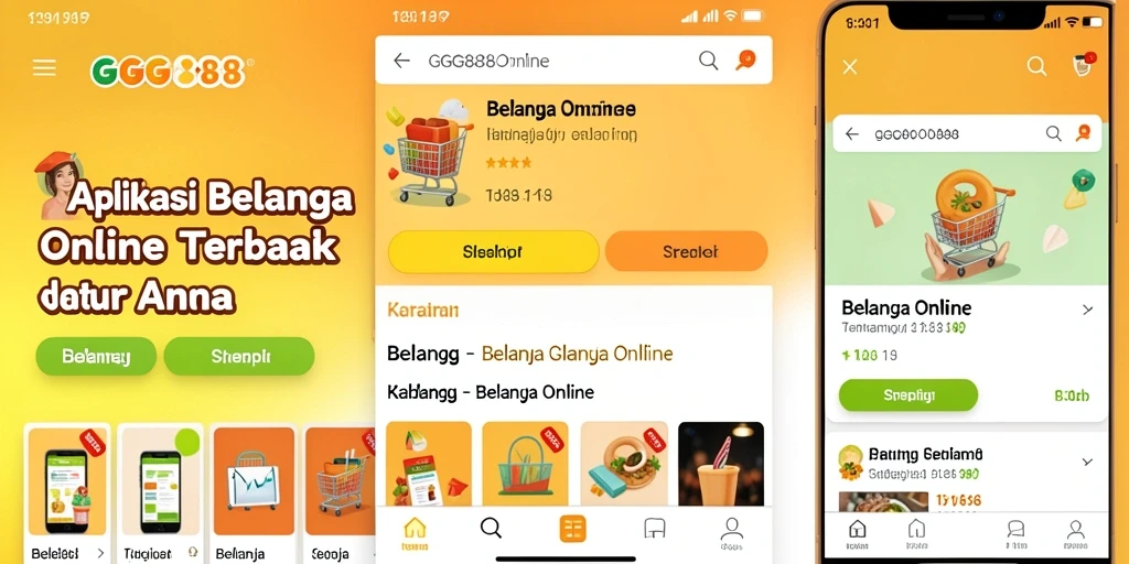 Tampilan antarmuka aplikasi GGG888 dengan berbagai produk belanja online.